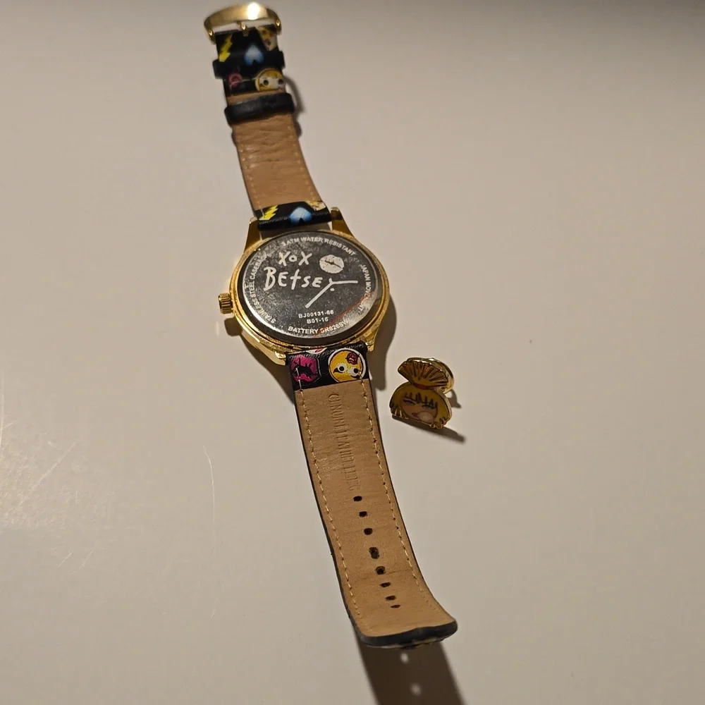 Betsey Johnson Gold Cartoon Watch with Black Strap